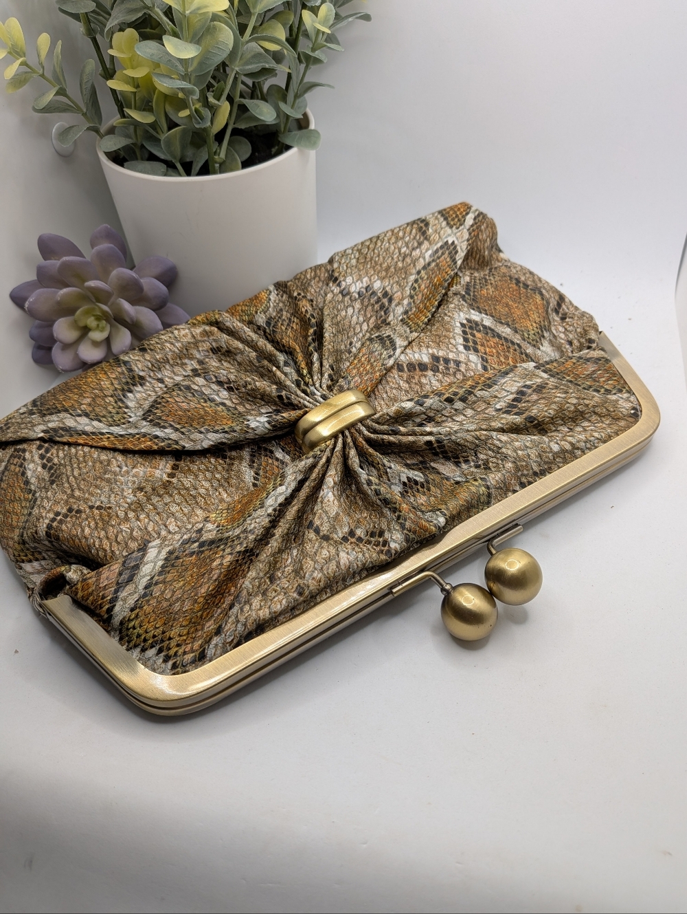 Jessica Simpson Snake-Print Knotted Kisslock Frame Clutch — Brown/Gold